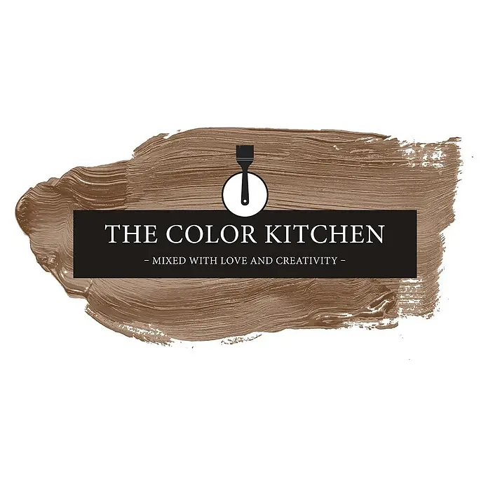 Livingwalls Wandfarbe Braun Awesome Anis 6007 5l - Matt, 5 l - Das Logo von The Color Kitchen: brauner Pinselstrich, schwarze Leiste mit weißem Text 'THE COLOR KITCHEN' und '- MIXED WITH LOVE AND CREATIVITY -', sowie Pinsel-Icon.