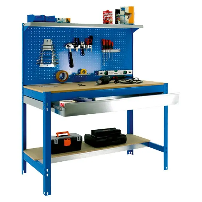 Simonrack Simonwork Banco de trabajo BT3 Box - L x An: 61 x 121 cm, Altura de trabajo: 144,5 cm, Carga soportada: 600 kg, Azul - Banco de trabajo con panel perforado y cajón para guardar herramientas y accesorios para bricolaje y uso profesional.