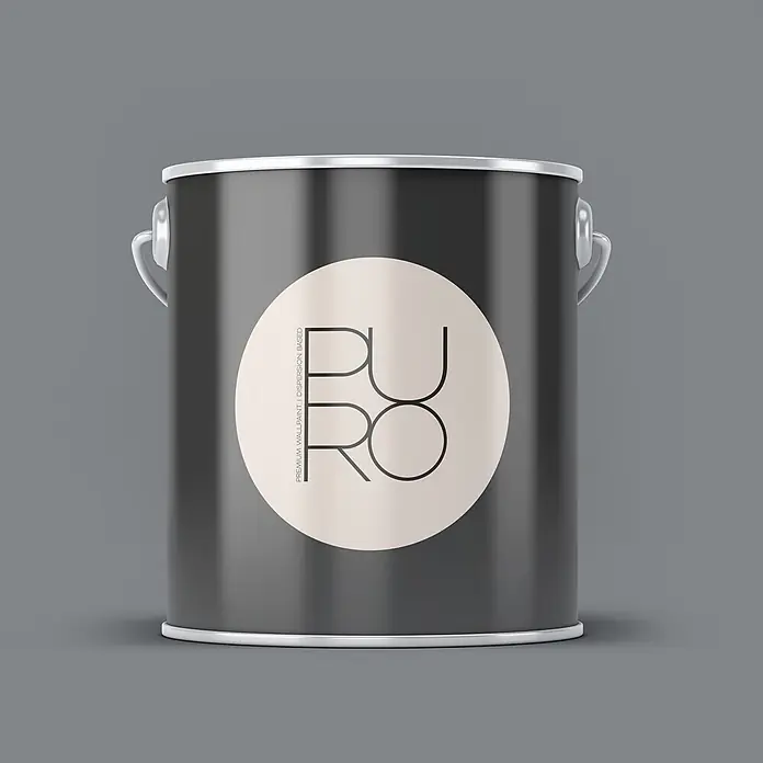 Livingwalls Wandfarbe Grau Cool Grey DD125751 5l - Grau, Matt, 5 l - Dunkelgrauer Farbeimer mit silbernen Akzenten und einem cremefarbenen Etikett mit „PURO“-Logo und „PREMIUM WALLPAINT | DISPERSION BASED“ Schriftzug.