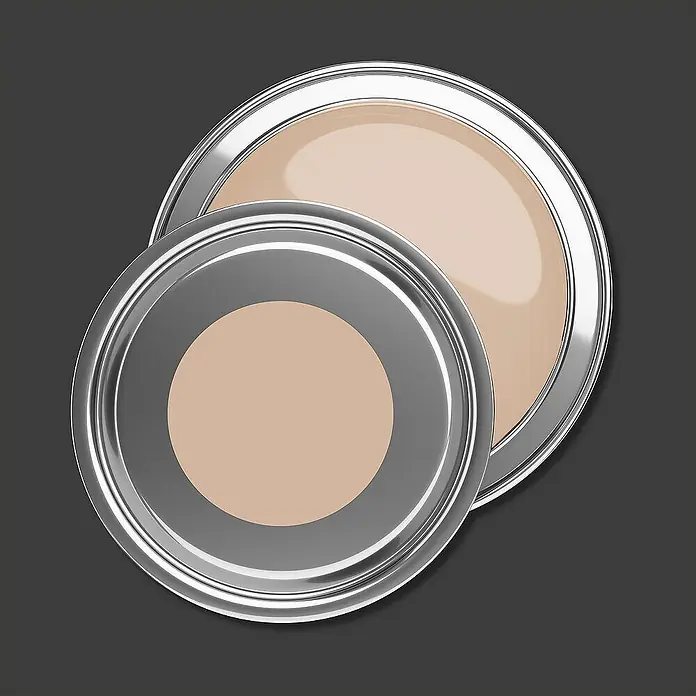 Livingwalls Wandfarbe Beige Sandy Beige DD126093 5l - Beige, Matt, 5 l - Zwei sich überlappende runde Behälter mit silbernen Rändern, gefüllt mit einem hellbeigen Produkt.