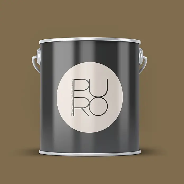 Livingwalls Wandfarbe Braun Mellow Brown DD126040 1l - Braun, Matt, 1 l - Dunkelgraue Farbkanne mit silbernen Akzenten und weißem runden Etikett mit 'PURO' und 'PREMIUM WALLPAINT'.