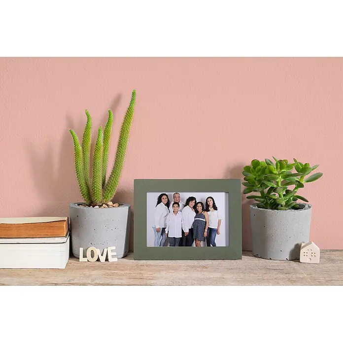 Livingwalls Wandfarbe Rosa Lucky Litchi 7003 2,5l - Rosa, Matt, 2,5 l - Ein dekoratives Regal mit Familienfoto in grünem Rahmen, zwei Topfpflanzen, gestapelten Büchern, 'LOVE'-Buchstaben und kleiner Hausfigur auf Holz.