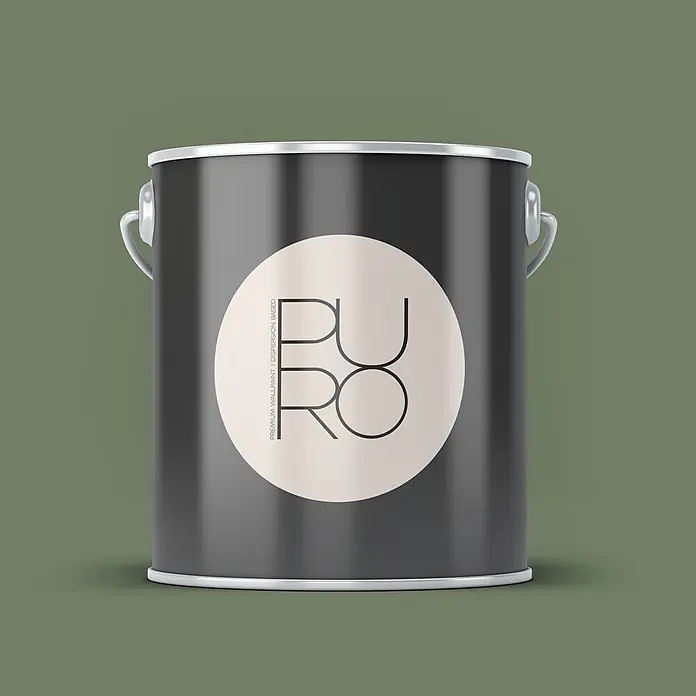 Livingwalls Wandfarbe Grün Sage Green DD125969 2,5l - Grün, Matt, 2,5 l - Dunkelgrauer Farbeimer mit silbernen Details und einem runden, cremefarbenen Etikett mit 'PURO' und 'PREMIUM WALLPAINT'.