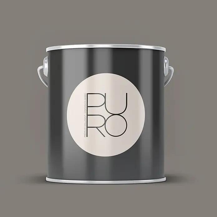 Livingwalls Wandfarbe Grau Creamy Grey DD125772 5l - Grau, Matt, 5 l - Dunkelgraue Farbkanne mit silbernem Rand und Griffen, mit einem runden cremefarbenen Etikett mit „PURO“-Logo.
