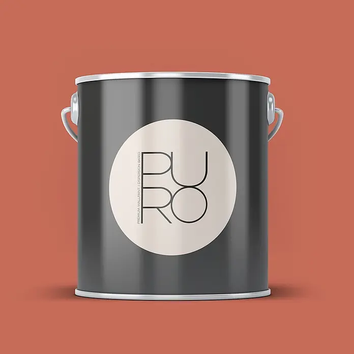 Livingwalls Wandfarbe Rot Dusty Orange DD126162 5l - Rot, Matt, 5 l - Dunkelgrauer Farbeimer mit silbernem Rand und Griff, versehen mit einem cremefarbenen Etikett mit "PURO" und "PREMIUM WALLPAINT" Text.