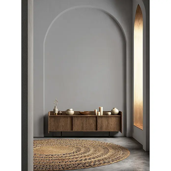 Livingwalls Wandfarbe Grau Cool Grey DD125740 1l - Grau, Matt, 1 l - Rund geflochtener Teppich aus Naturjute auf Betonboden.