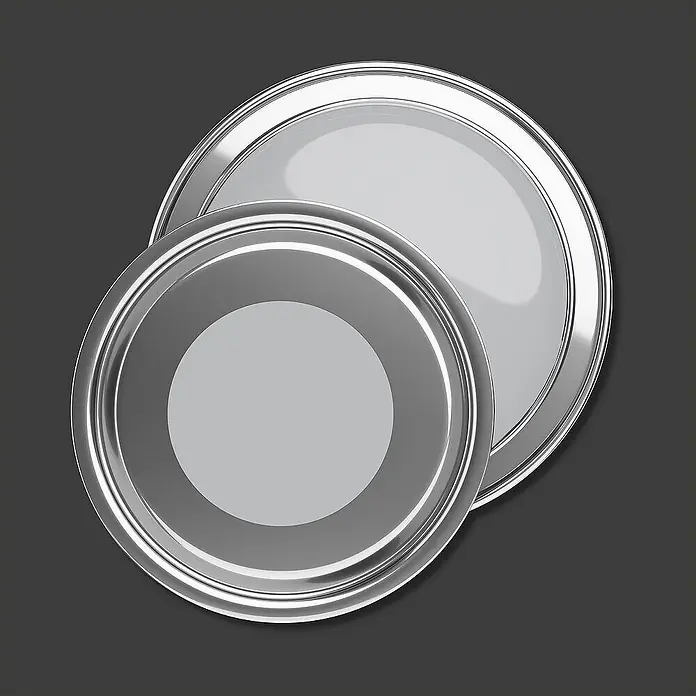 Tadessi Wandfarbe Stahlgrau - Grau, Matt, 2,5 l - Zwei sich überlappende, runde, silberne Serviertabletts aus Metall.