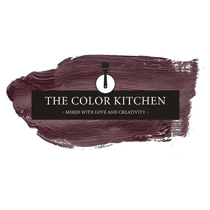 Livingwalls Wandfarbe Rot Red Wine 7013 2,5l - Rot, Matt, 2,5 l - Logo: Dunkelroter Pinselstrich mit 'THE COLOR KITCHEN' Text und Pinsel-Symbol.
