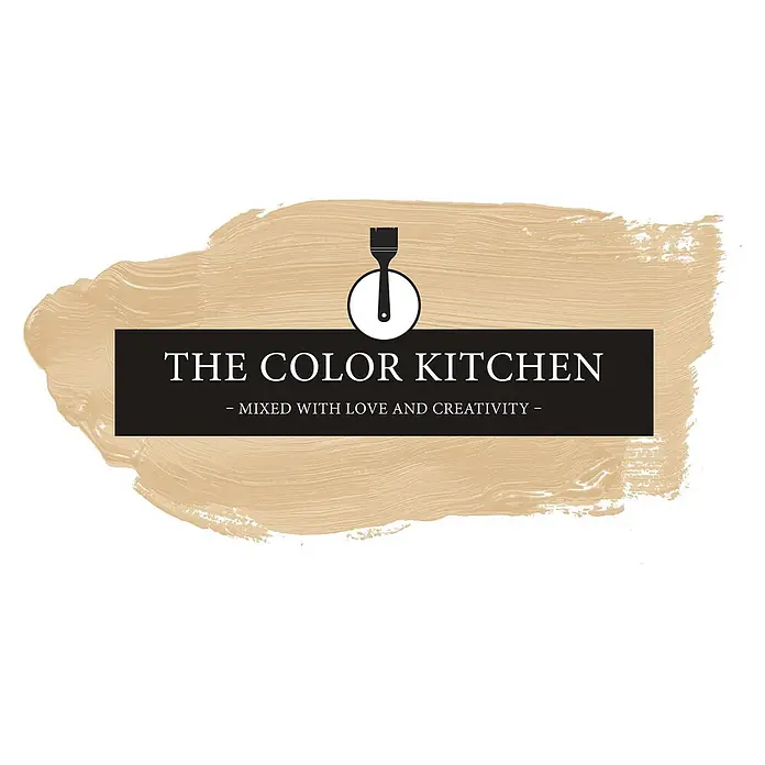 Livingwalls Wandfarbe Beige Asthetic Artichoke 6003 5l - Matt, 5 l - Logo: 'The Color Kitchen' auf schwarzem Banner mit Pinsel-Symbol über beigem Pinselstrich.