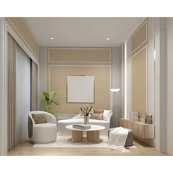 Livingwalls Wandfarbe Beige Smooth Saffron DD126119 2,5l - Beige, Matt, 2,5 l - Modernes beigefarbenes Wohnzimmer mit gemütlichen Sitzgelegenheiten, rundem Couchtisch und Zierwandpaneelen.