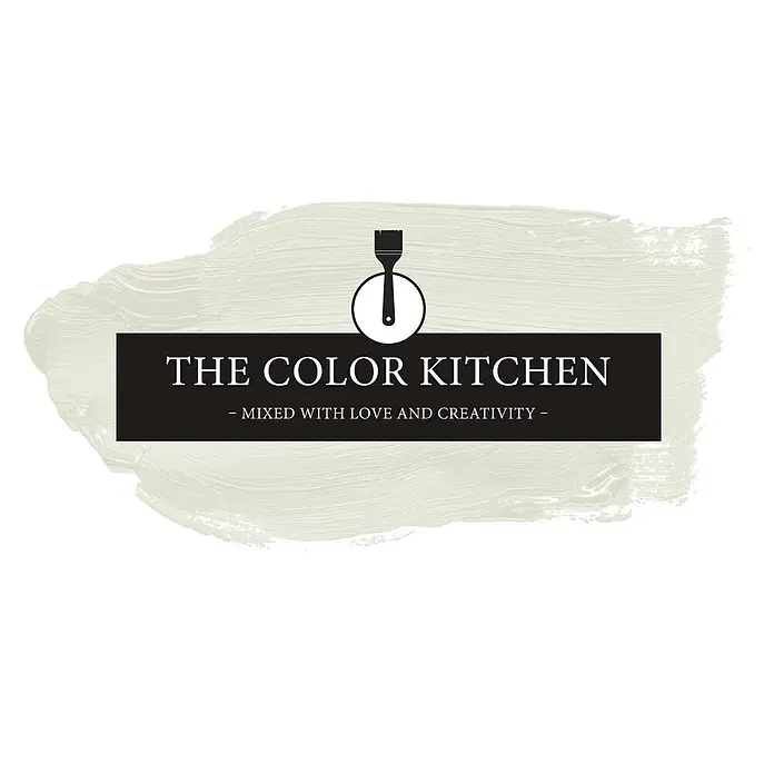 Livingwalls Wandfarbe Creme Shady Sugar 1008 2,5l - Matt, 2,5 l - Logo 'The Color Kitchen' mit Pinsel-Symbol, Markenname auf dunklem Banner, auf hellem Pinselstrich-Hintergrund.