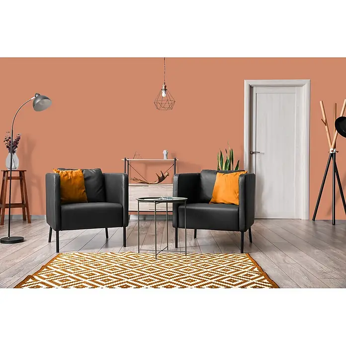 Livingwalls Wandfarbe Orange Ruddy Rosehip 5012 2,5l - Matt, 2,5 l - Zwei schwarze Sessel mit orangefarbenen Kissen und passendem geometrisch gemustertem Teppich in einem pfirsichfarbenen Wohnzimmer.
