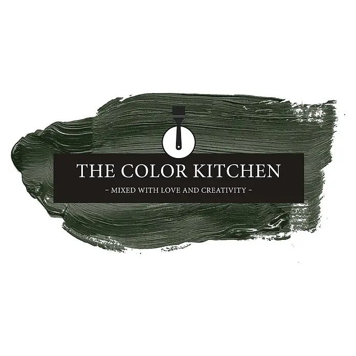 Livingwalls Wandfarbe Grün Zippy Zuchini 4006 2,5l - Matt, 2,5 l - Logo für "The Color Kitchen" mit dunkelgrünen Pinselstrichen, weißem Text und Pinsel-Symbol.