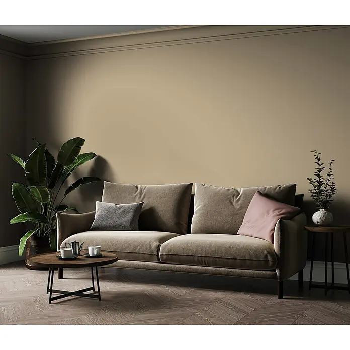 Livingwalls Wandfarbe Beige Mellow Brown DD126031 1l - Beige, Matt, 1 l - Beigefarbenes Stoffsofa mit zwei Kissen, einem grauen und einem rosafarbenen, in einem gemütlichen Wohnzimmerambiente.