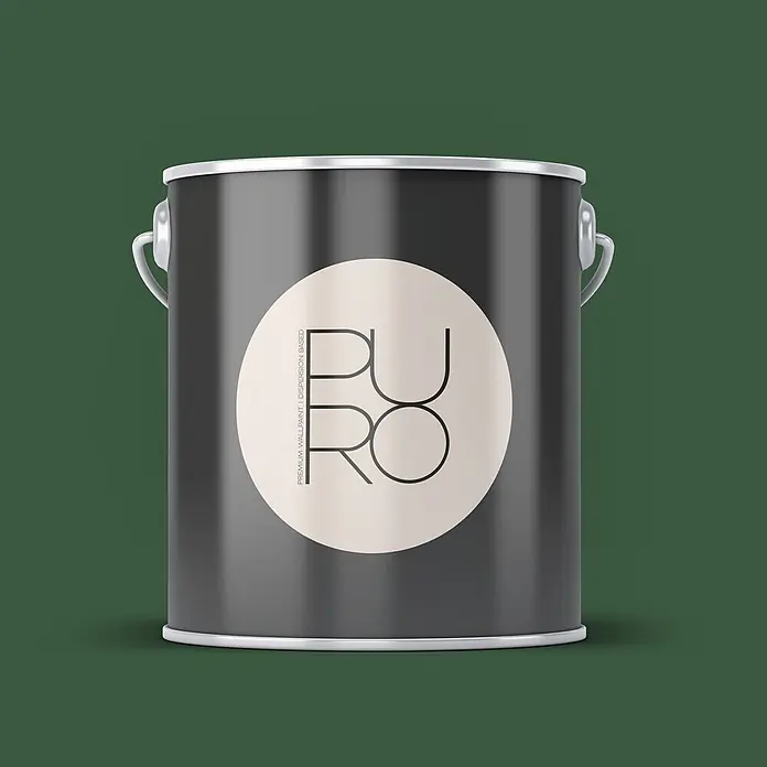 Livingwalls Wandfarbe Grün Sage Green DD125972 2,5l - Grün, Matt, 2,5 l - Dunkelgraue Farbkanne mit silbernem Rand und Griff, mit einem beigen runden Etikett mit „PURO“-Schriftzug.