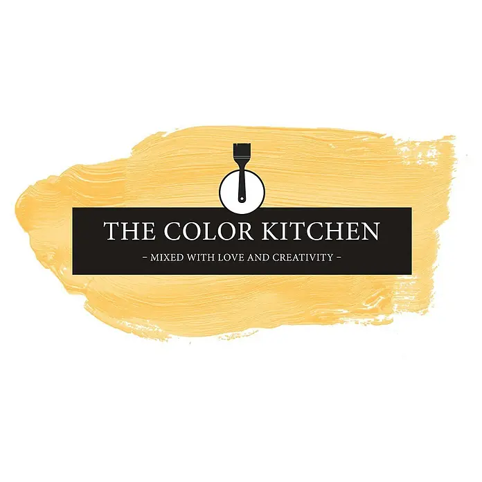 Livingwalls Wandfarbe Gelb Mighty Mango 5003 2,5l - Matt, 2,5 l - The Color Kitchen Logo mit schwarzem Pinsel-Symbol, weißem Text auf schwarzem Banner, vor gelbem Pinselstrich.