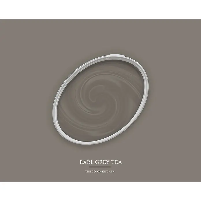 Livingwalls Wandfarbe Taupe Earl Grey Tea 1021 2,5l - Matt, 2,5 l - Ovaler weißer Farbdosendeckel mit wirbelnder, graubrauner "Earl Grey Tea" Farbprobe.