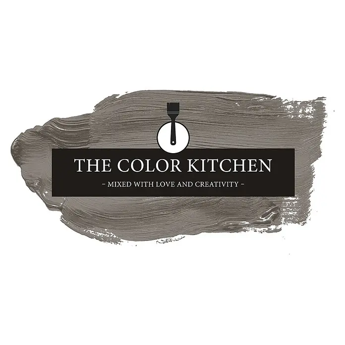 Livingwalls Wandfarbe Taupe Earl Grey Tea 1021 2,5l - Matt, 2,5 l - Logo mit grauem Pinselstrich, schwarzem Banner mit weißem Text 'THE COLOR KITCHEN' und Untertitel, sowie Pinsel in weißem Kreis.