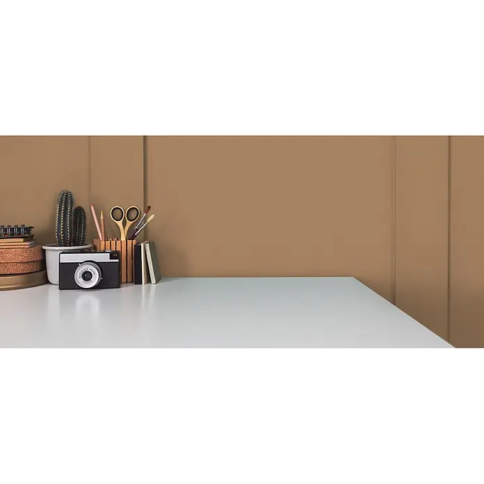 Livingwalls Wandfarbe Braun Certain Cinnamon 6006 5l - Matt, 5 l - Ein heller Schreibtisch mit Vintage-Kamera, Kaktus und Kreativbedarf vor einer braunen Wand.