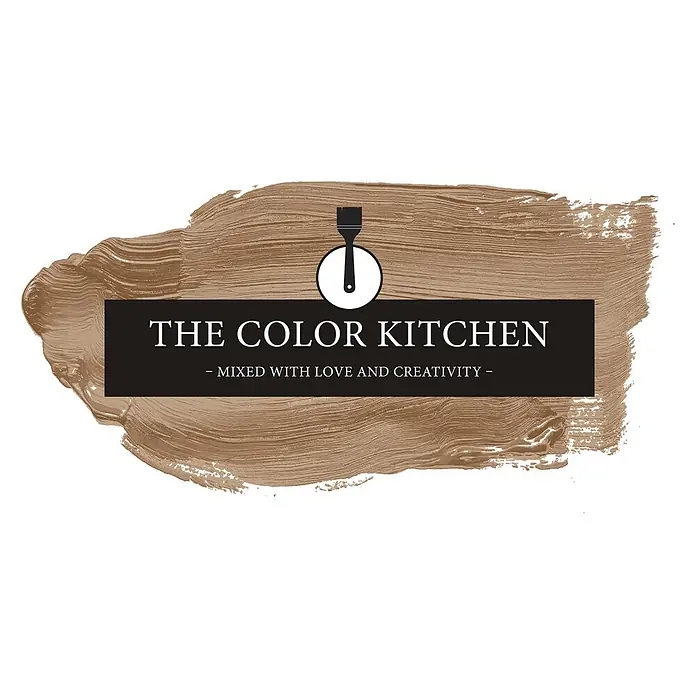 Livingwalls Wandfarbe Braun Certain Cinnamon 6006 5l - Matt, 5 l - Logo für 'The Color Kitchen' mit braunem Pinselstrich, schwarzem Banner, weißem Text und Pinsel-Icon.
