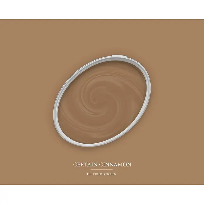 Livingwalls Wandfarbe Braun Certain Cinnamon 6006 5l - Matt, 5 l - Weißer Farbdosendeckel mit wirbelnder zimtfarbener Farbe.