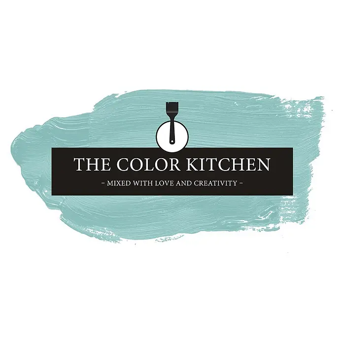 Livingwalls Wandfarbe Grün Swimming Pool 3007 5l - Matt, 5 l - Logo: "The Color Kitchen" weiß auf schwarzem Banner, mit Untertitel "Mixed with Love and Creativity", über blau-grünem Pinselstrich, mit Pinsel-Icon.