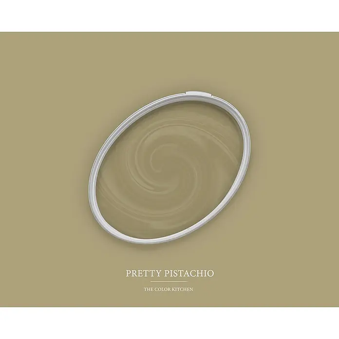 Livingwalls Wandfarbe Grün Pretty Pistachio 4012 2,5l - Matt, 2,5 l - Offener Farbeimer, der hellolivgrüne „Pretty Pistachio“-Farbe mit wirbelnder Textur zeigt.