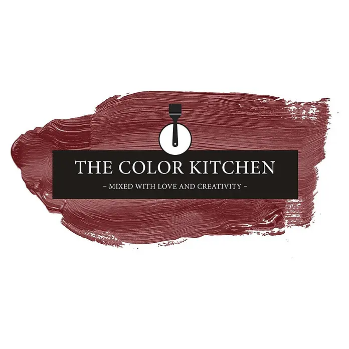 Livingwalls Wandfarbe Rot Perky Pomegranate 7006 2,5l - Rot, Matt, 2,5 l - Logo mit bordeauxrotem Pinselstrich, schwarzem Banner mit weißem Text „THE COLOR KITCHEN“ und Pinsel-Symbol.