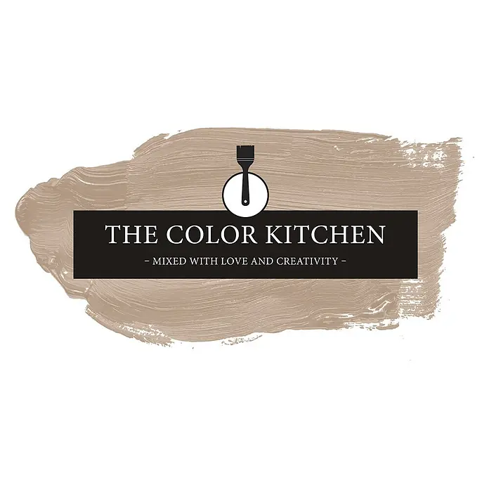 Livingwalls Wandfarbe Beige Matte Mushroom 6015 2,5l - Matt, 2,5 l - Logo: „THE COLOR KITCHEN“ und Slogan in Weiß auf schwarzem Banner mit schwarzem Pinselsymbol in weißem Kreis, über beigem Pinselstrich.