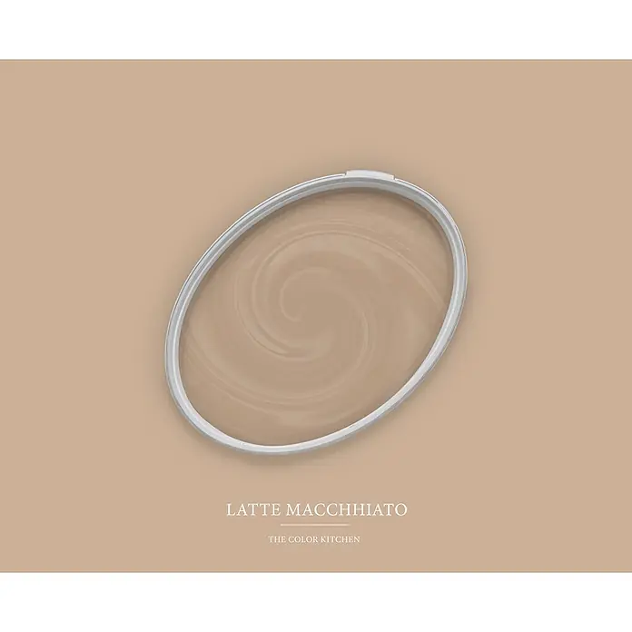 Livingwalls Wandfarbe Braun Latte Macchhiato 6010 2,5l - Matt, 2,5 l - Weißer Farbeimerdeckel gefüllt mit latte macchiato-farbener Farbe, mit einem dezenten Wirbelmuster.