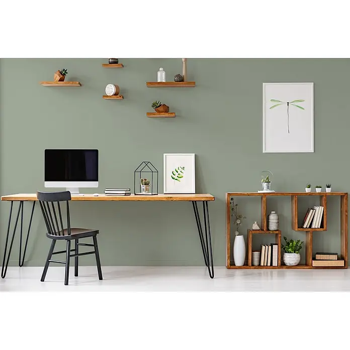 Livingwalls Wandfarbe Grün Sane Sage 4004 5l - Matt, 5 l - Ein modernes Heimbüro mit Holzschreibtisch, schwarzem Stuhl und passendem Regal, dekoriert mit Pflanzen und Kunstwerken.
