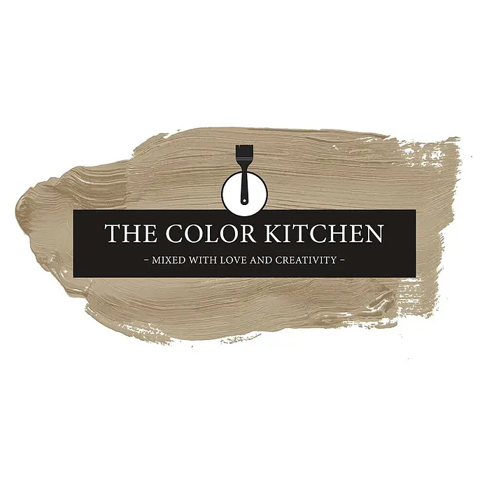 Livingwalls Wandfarbe Grün Green Lentil 6001 5l - Matt, 5 l - Logo für 'The Color Kitchen' mit beigem Pinselstrich-Hintergrund, schwarzem Banner, weißem Text und einem Pinsel-Symbol.