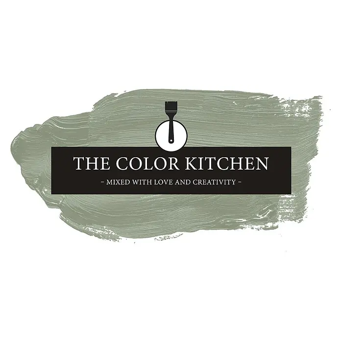 Livingwalls Wandfarbe Grün Sane Sage 4004 5l - Matt, 5 l - Logo für 'The Color Kitchen' mit Pinsel-Symbol und Slogan 'Mixed with Love and Creativity' auf einem salbeigrünen Pinselstrich.