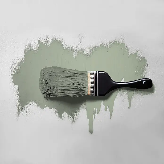 Livingwalls Wandfarbe Grün Sane Sage 4004 5l - Matt, 5 l - Schwarzer Pinsel mit grauen Borsten trägt salbeigrüne Farbe auf und erzeugt frische Striche und Tropfen.