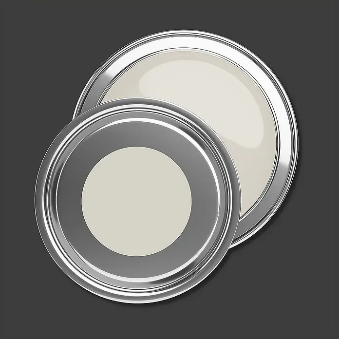 Livingwalls Wandfarbe Beige Calm Taupe DD126015 5l - Beige, Matt, 5 l - Zwei überlappende metallic Lackdosen, offen, zeigen hellbeigen Lack.