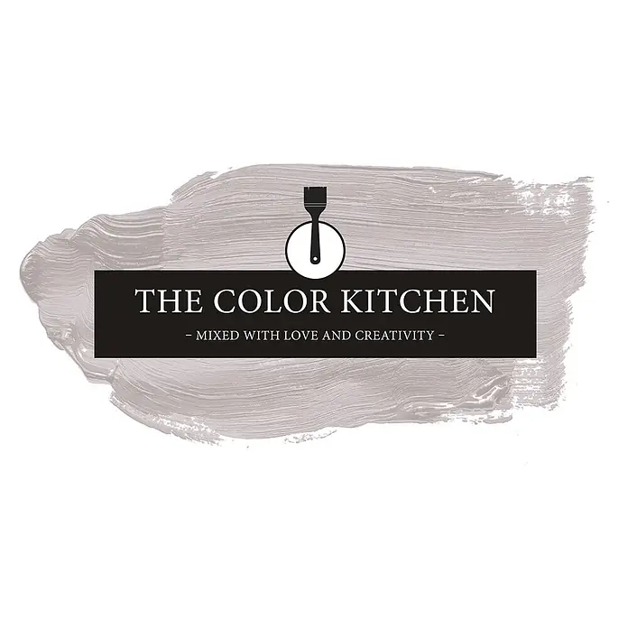 Livingwalls Wandfarbe Grau Salty Shrimp 2001 2,5l - Matt, 2,5 l - Logo: 'THE COLOR KITCHEN' in weißem Text auf schwarzem Balken, mit schwarzem Pinsel-Symbol, auf grauem Pinselstrich-Hintergrund.