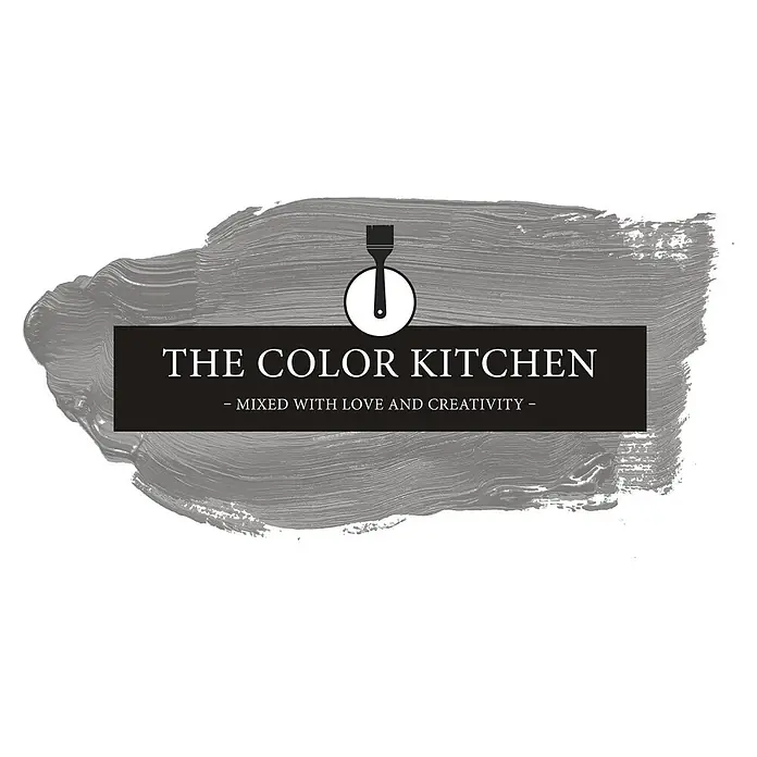 Livingwalls Wandfarbe Grau Attractive Anchovies 1011 2,5l - Matt, 2,5 l - Logo für 'The Color Kitchen' mit weißem Text auf schwarzem Banner, über einem grauen Pinselstrich, mit Pinsel-Symbol.