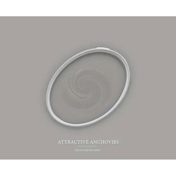 Livingwalls Wandfarbe Grau Attractive Anchovies 1011 2,5l - Matt, 2,5 l - Weißer ovaler Deckel oder flache Schale mit grauem Wirbelmuster innen.
