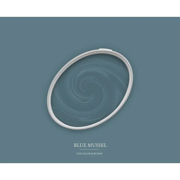 Livingwalls Wandfarbe Blau Blue Mussel 3011 5l - Matt, 5 l - Offener Farbdosendeckel mit wirbelnder Farbe 'Blue Mussel' von The Color Kitchen.