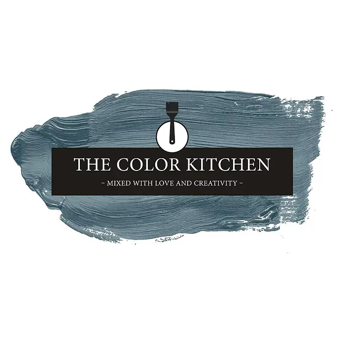 Livingwalls Wandfarbe Blau Blue Mussel 3011 5l - Matt, 5 l - Logo 'The Color Kitchen': blaugrauer Pinselstrich, Pinselsymbol und Slogan 'Mixed with love and creativity'.