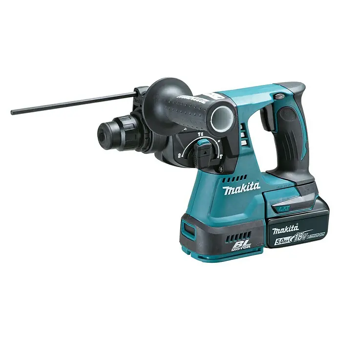 Makita Martillo perforador de batería DHR242RTJ - 18 V, 2 baterías, 5 Ah, 2 J - Imagen de un martillo rotatorio inalámbrico Makita, una herramienta versátil para proyectos de construcción y bricolaje, ideal para diversos materiales.