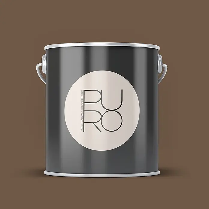 Livingwalls Wandfarbe Braun Soothing Brown DD126064 1l - Braun, Matt, 1 l - Dunkelgraue Farbdose mit hellbeigem, rundem „PURO“-Etikett, Metallrand und weißem Griff auf braunem Hintergrund.