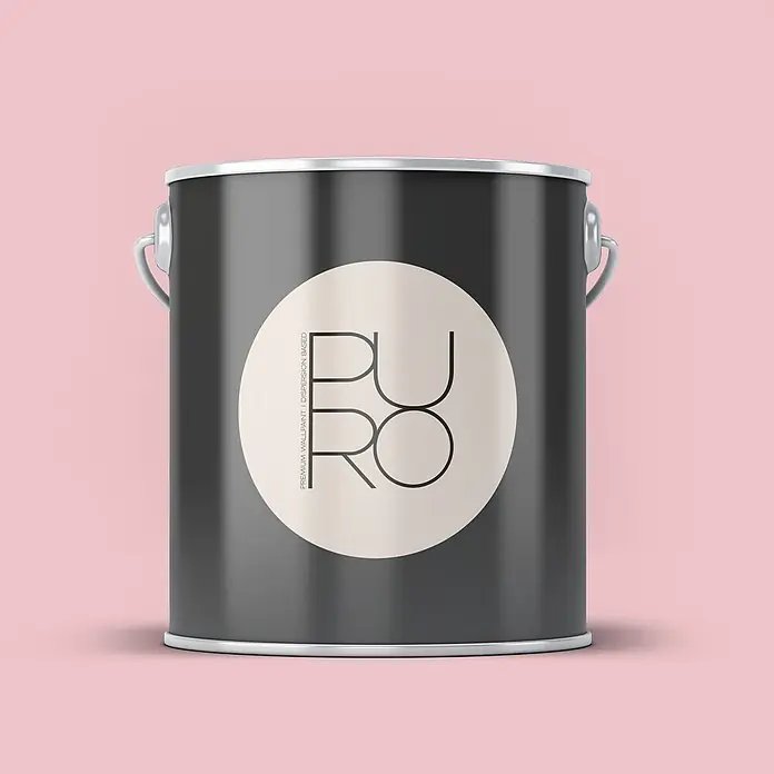 Livingwalls Wandfarbe Pink Peachy Pink DD125864 2,5l - Pink, Matt, 2,5 l - Dunkelgraue Farbdose mit silbernen Akzenten und cremefarbenem Etikett mit 'PURO'-Text auf rosa Hintergrund.