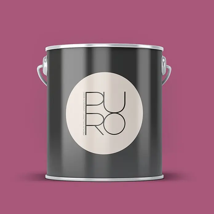 Livingwalls Wandfarbe Pink Lovely Rose DD125797 1l - Pink, Matt, 1 l - Ein dunkelgrauer Farbeimer mit silbernem Rand und cremefarbenem Etikett 'PURO PREMIUM WALLPAINT' auf magentafarbenem Hintergrund.