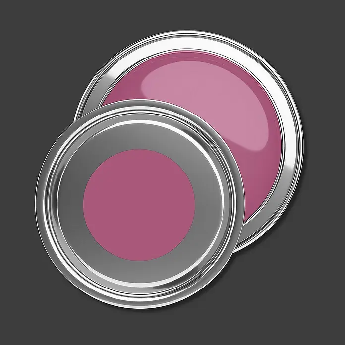 Livingwalls Wandfarbe Pink Lovely Rose DD125797 1l - Pink, Matt, 1 l - Zwei offene silberne Farbdosen mit fuchsia-pinker Farbe, eine überlappend die andere.