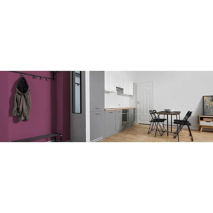 Livingwalls Wandfarbe Pink Lovely Rose DD125797 1l - Pink, Matt, 1 l - Moderner Eingangsbereich mit magenta Wand und Garderobe, übergehend in eine kompakte Küche mit grau-weißen Schränken und Essbereich.