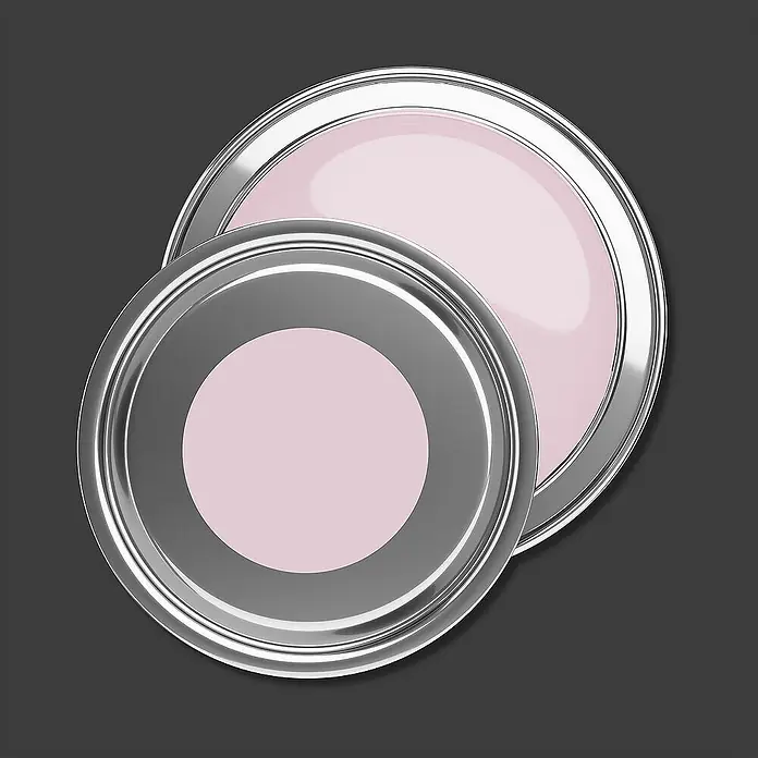 Tadessi Wandfarbe Altrosa - Rosa, Matt, 2,5 l - Zwei offene silberne Metallfarbdosen, eine größere, eine kleinere, gefüllt mit hellrosa Farbe.