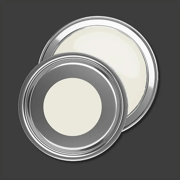 Tadessi Wandfarbe Graugrün - Creme, Matt, 5 l - Zwei offene silberne Farbdosen, eine überlappend, mit heller cremefarbener Farbe.