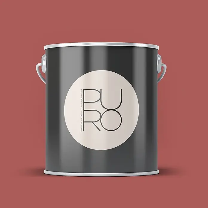 Livingwalls Wandfarbe Rot Varied Red DD125830 1l - Rot, Matt, 1 l - Eine dunkelgraue Farb罐e mit silbernem Deckel und Griff, einem runden cremefarbenen Etikett mit „PURO PREMIUM WALLPAINT“-Text auf rotem Hintergrund.