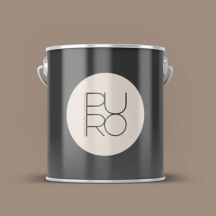 Livingwalls Wandfarbe Braun Calm Taupe DD126010 1l - Braun, Matt, 1 l - Dunkelgrauer Farbeimer mit silbernem Rand und Griff. Das cremefarbene runde Etikett zeigt 'PURO' und 'PREMIUM WALLPAINT | DISPERSION BASED'.